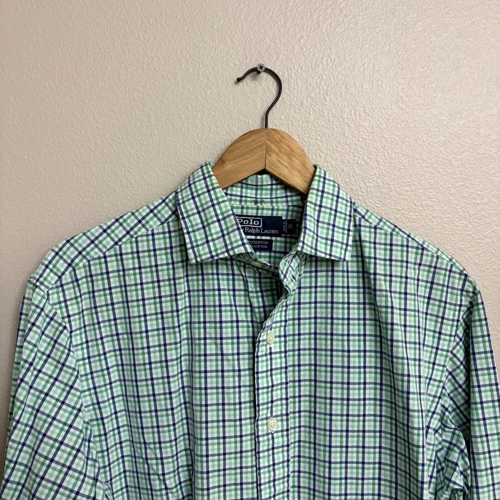 Polo Ralph Lauren Button Down Shirt Medium Green Blue Plaid Westerton Cotton